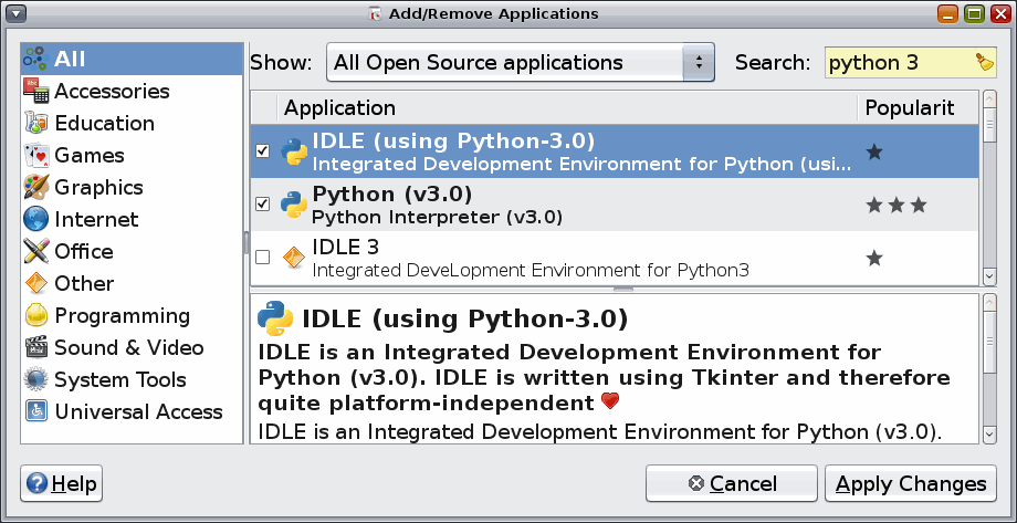[Szoftverközpont: válaszd ki az IDLE for Python 3.2 csomagot]