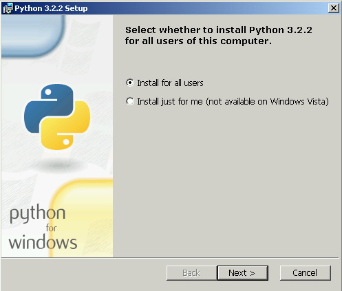 [Python telepítő: válaszd ki, hogy a Python 3.2-t a számítógép minden felhasználója számára telepíted-e]