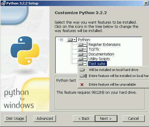 [Python telepítő: a Test Suite lehetőség eltávolítása 9812 KB lemezterületet spórol meg]