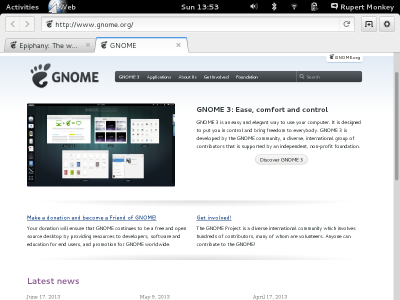 Az Epiphany teljes képernyős képernyőképe az első lapon a https://projects.gnome.org/epiphany/ oldallal, és a második lapon a https://gnome.org/ oldallal.